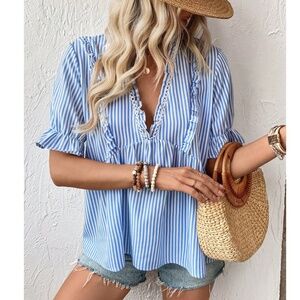 White Blue Striped Babydoll V-Neck Short Puff Sleeve Top Shirt Frill Ruffle Trim